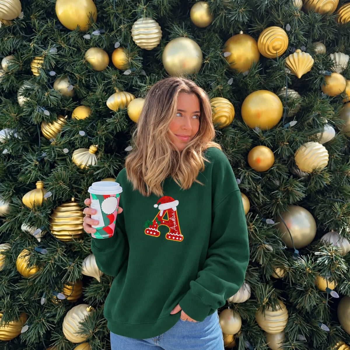 Personalized Glitter Gingerbread Letter Sweatshirt - Applique Embroidered Name with Santa Hat, 2026 Xmas Gift