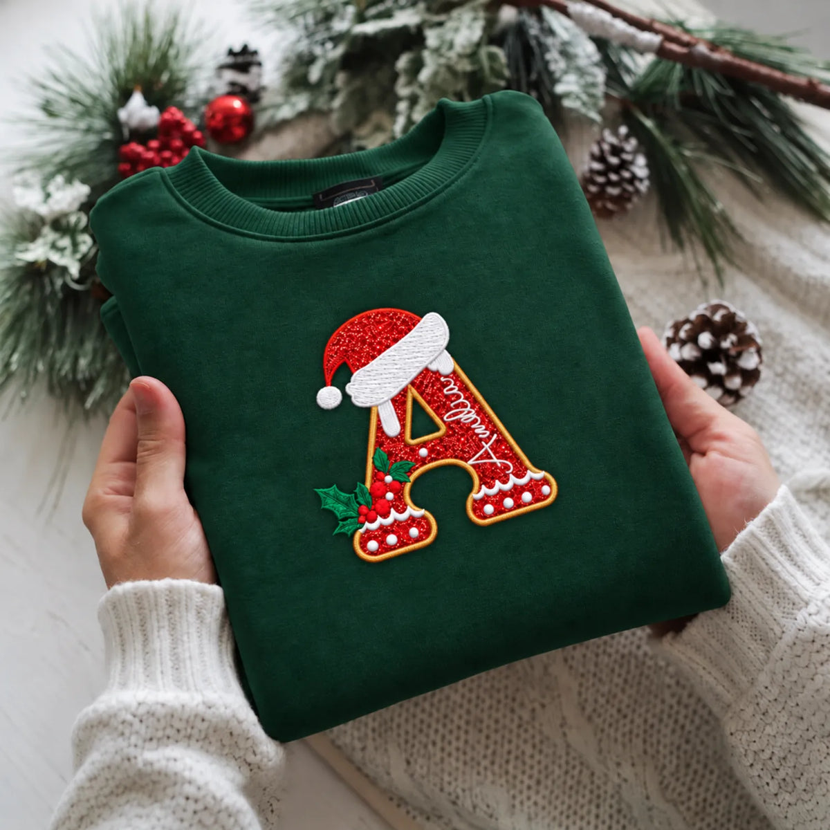 Personalized Glitter Gingerbread Letter Sweatshirt - Applique Embroidered Name with Santa Hat, 2026 Xmas Gift