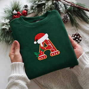 Personalized Glitter Gingerbread Letter Sweatshirt - Applique Embroidered Name with Santa Hat, 2026 Xmas Gift