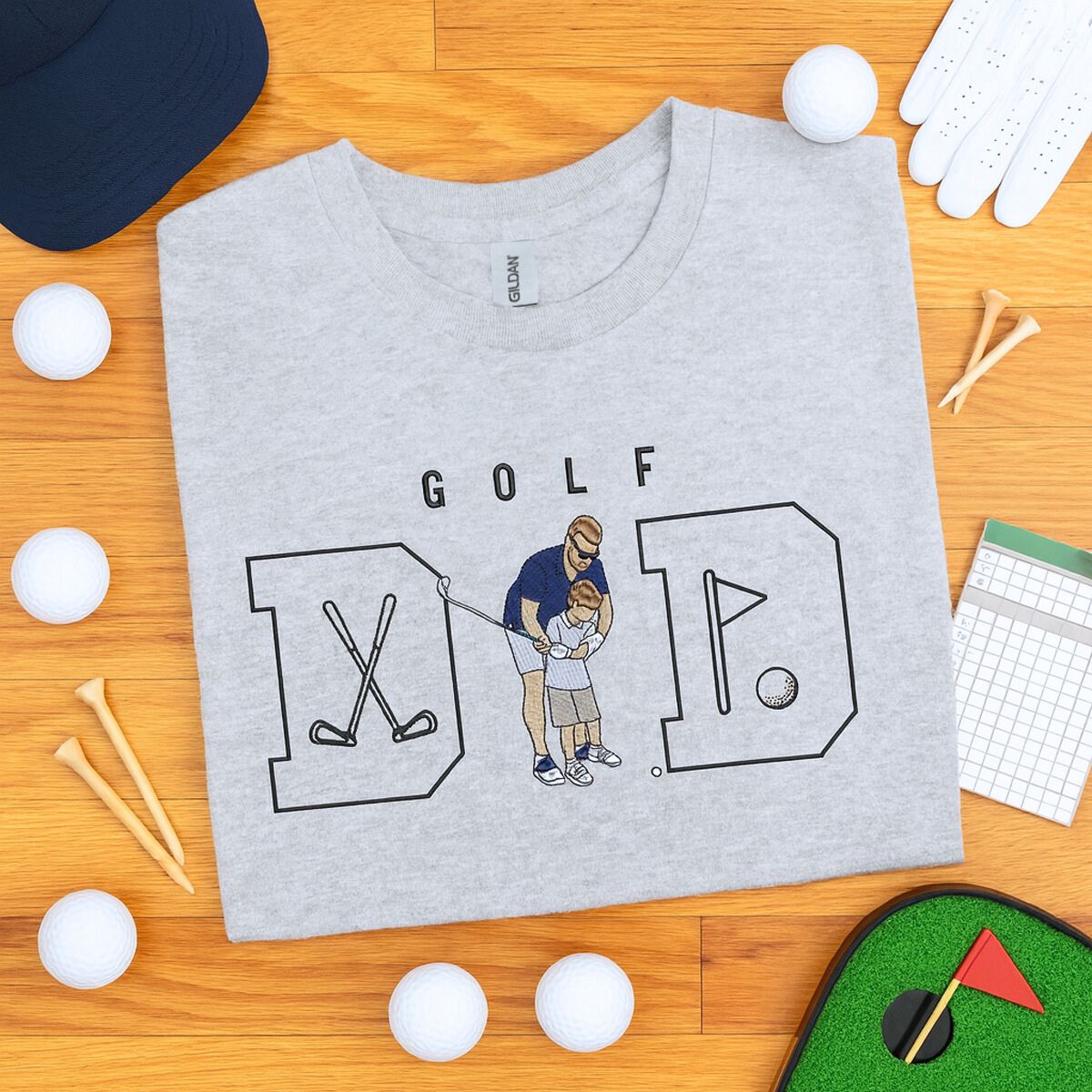 Custom golf shirt for dad with embroidered photo and name on sleeve