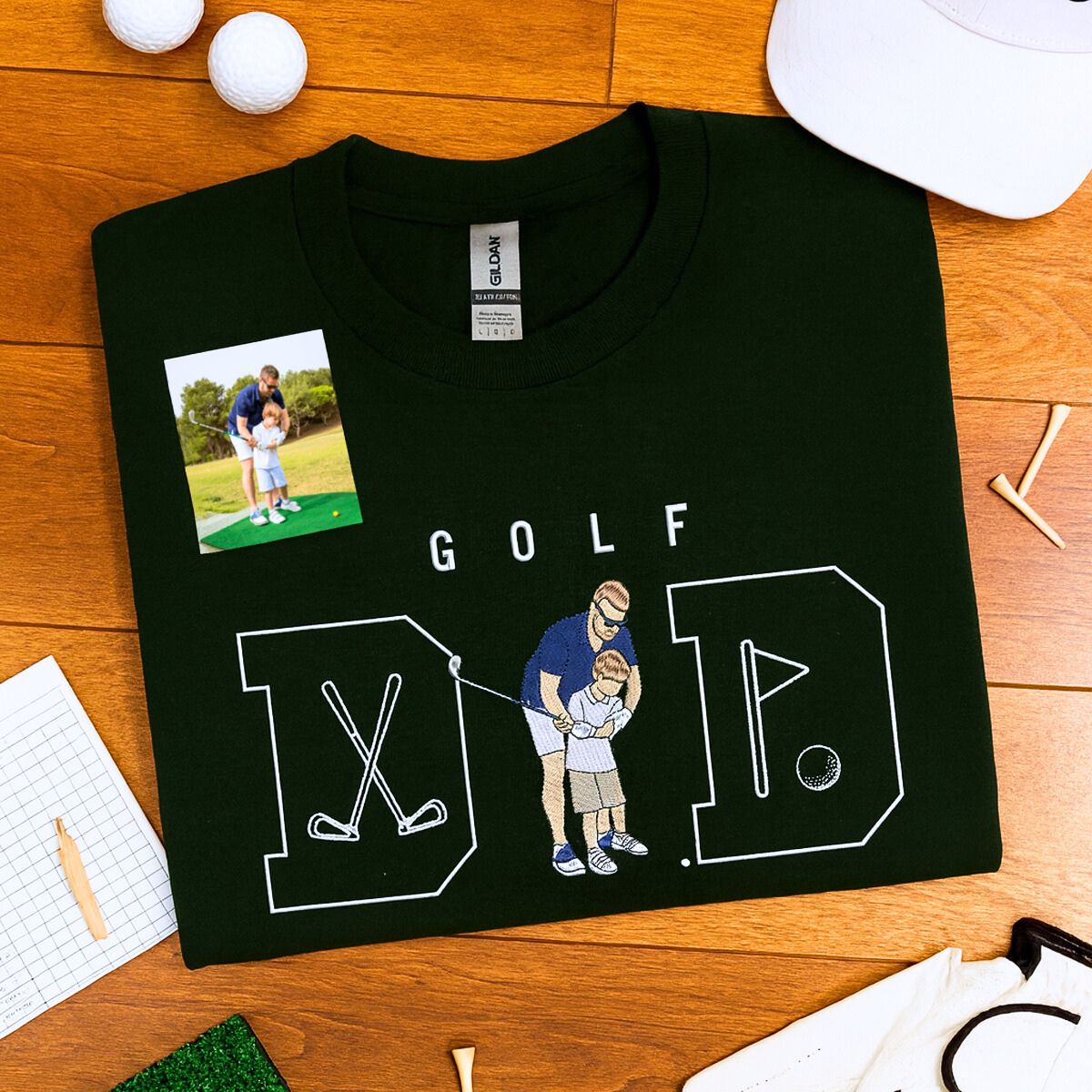 Custom golf shirt for dad with embroidered photo and name on sleeve