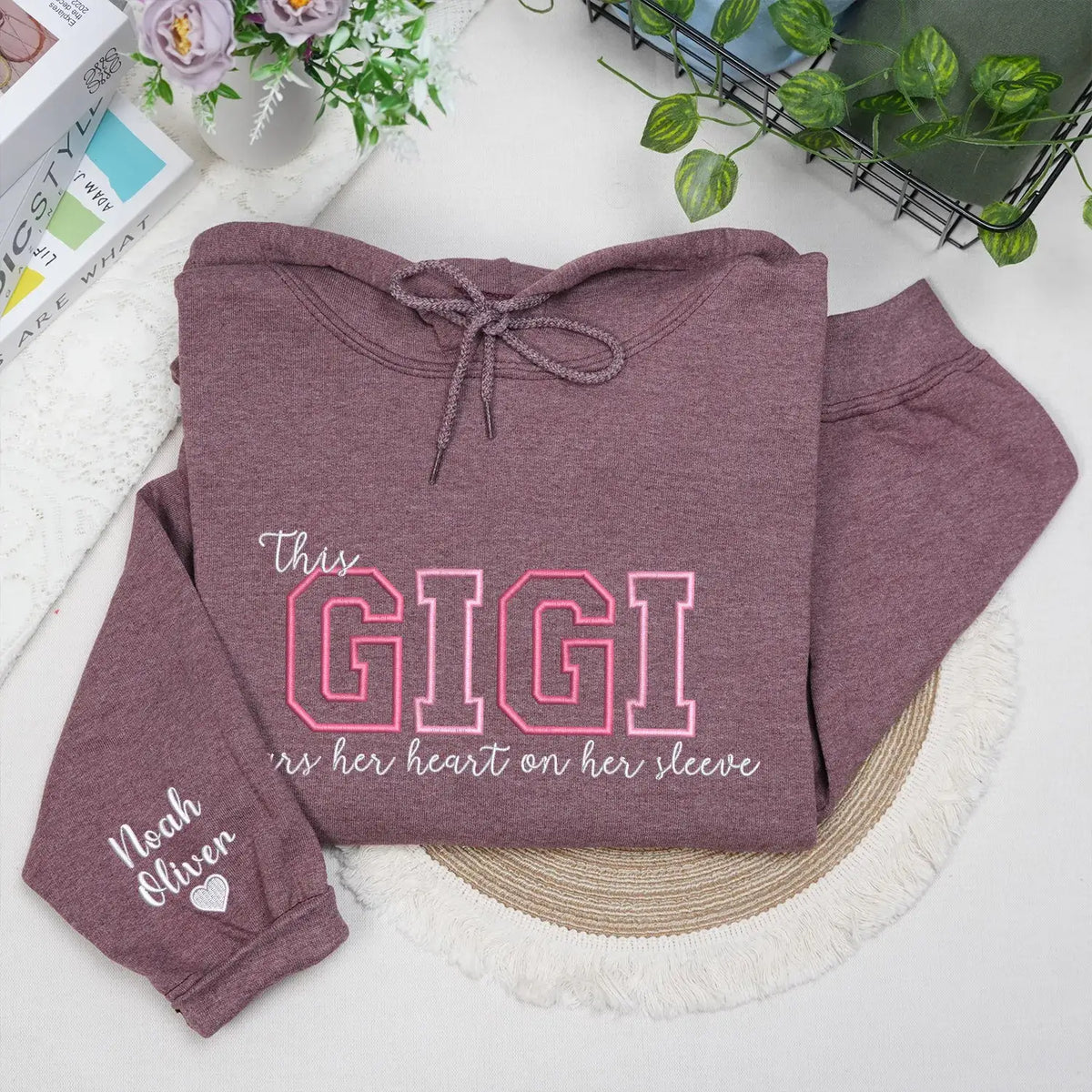 Personalized Gigi embroidered sweatshirt with kids names custom grandmother gift with family name embroidery detail