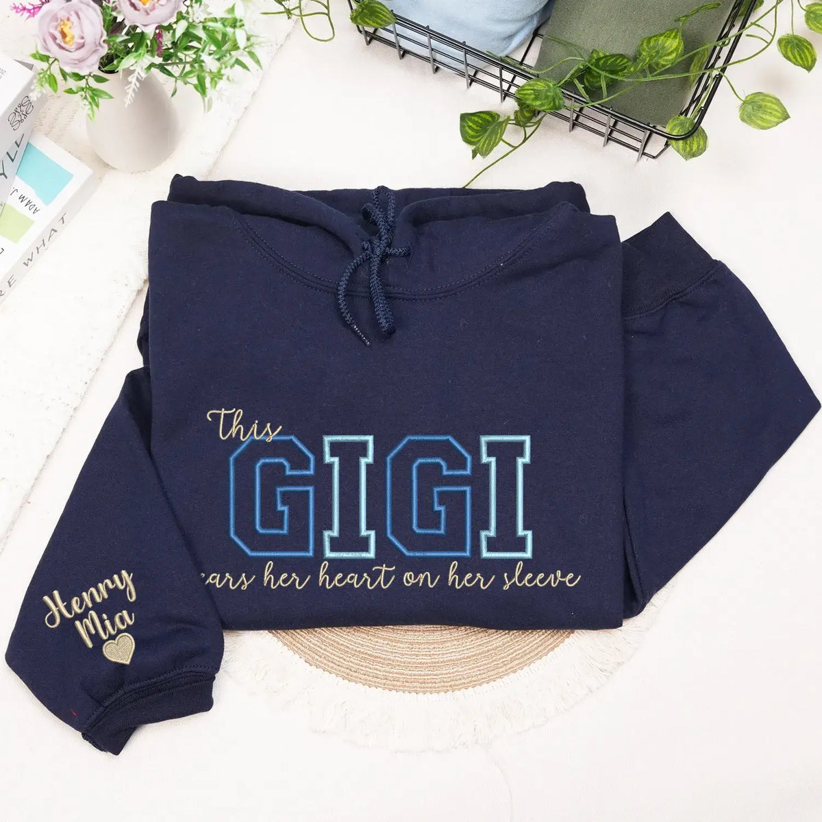 Personalized Gigi embroidered sweatshirt with kids names custom grandmother gift with family name embroidery detail