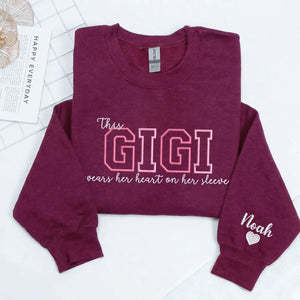 Personalized Gigi embroidered sweatshirt with kids names custom grandmother gift with family name embroidery detail