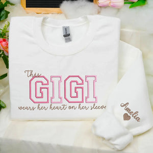 Personalized Gigi embroidered sweatshirt with kids names custom grandmother gift with family name embroidery detail
