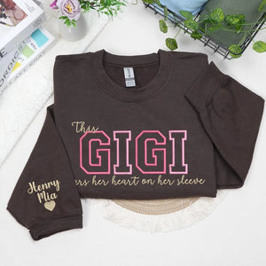 Personalized Gigi embroidered sweatshirt with kids names custom grandmother gift with family name embroidery detail