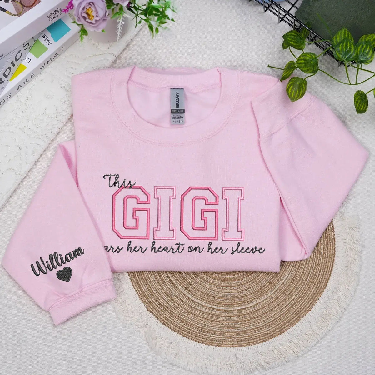 Personalized Gigi embroidered sweatshirt with kids names custom grandmother gift with family name embroidery detail