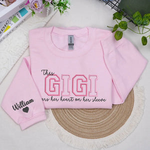 Personalized Gigi embroidered sweatshirt with kids names custom grandmother gift with family name embroidery detail