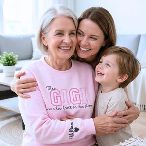 Personalized Gigi embroidered sweatshirt with kids names custom grandmother gift with family name embroidery detail