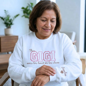 Personalized Gigi embroidered sweatshirt with kids names custom grandmother gift with family name embroidery detail