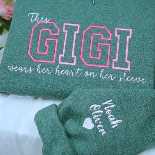 Personalized Gigi embroidered sweatshirt with kids names custom grandmother gift with family name embroidery detail