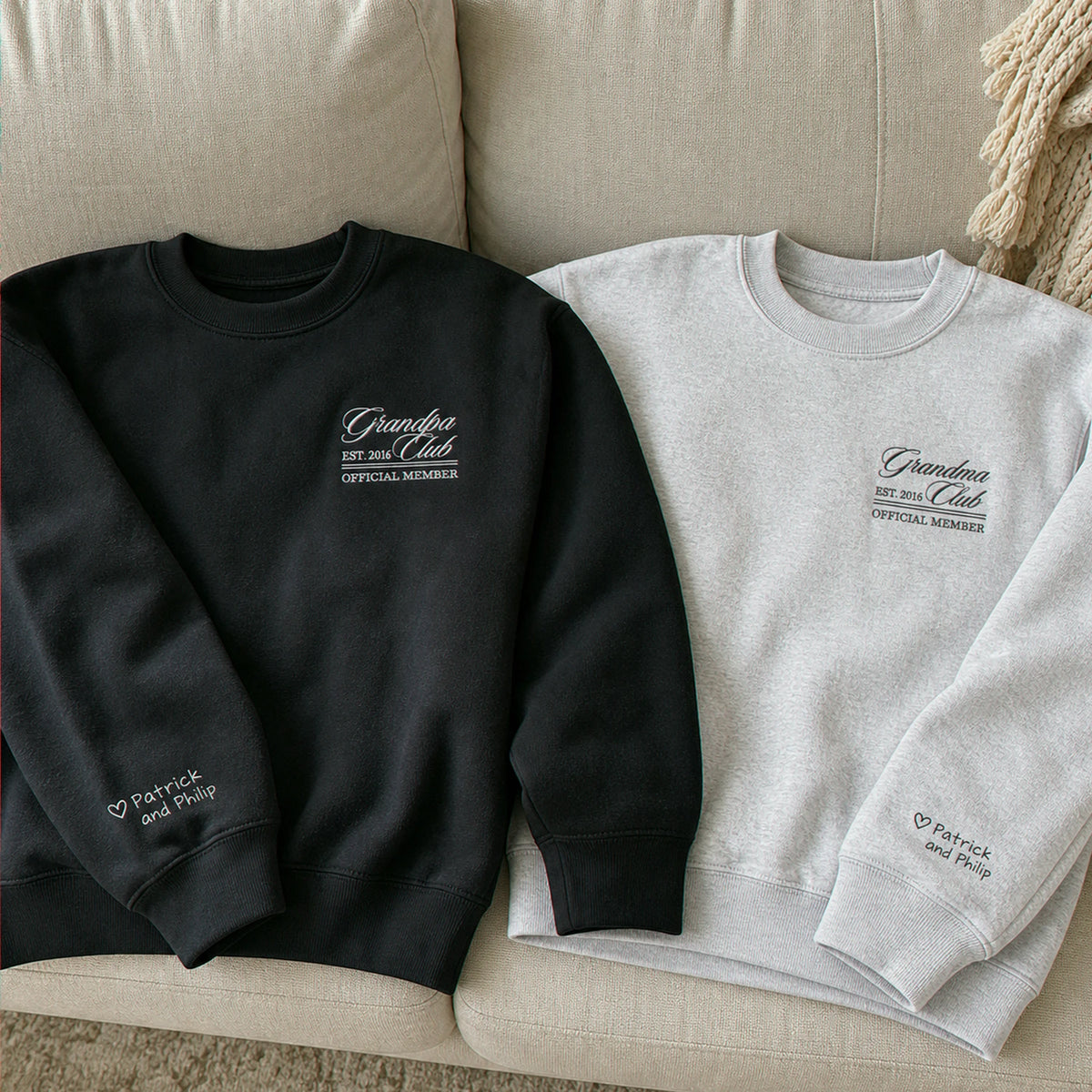 Personalized Grandpa Grandma Club Sweatshirt - Embroidered EST Year & Custom on Sleeve, Grandparent Day Gift