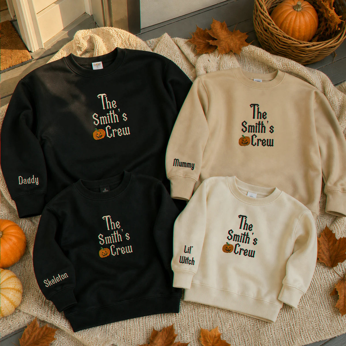 Personalized Family Halloween Matching Sweatshirt - Embroidered Pumpkin Name Crew Outfit, Fall Photo Sweaters