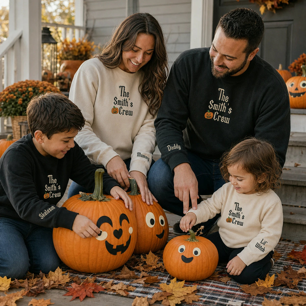 Personalized Family Halloween Matching Sweatshirt - Embroidered Pumpkin Name Crew Outfit, Fall Photo Sweaters