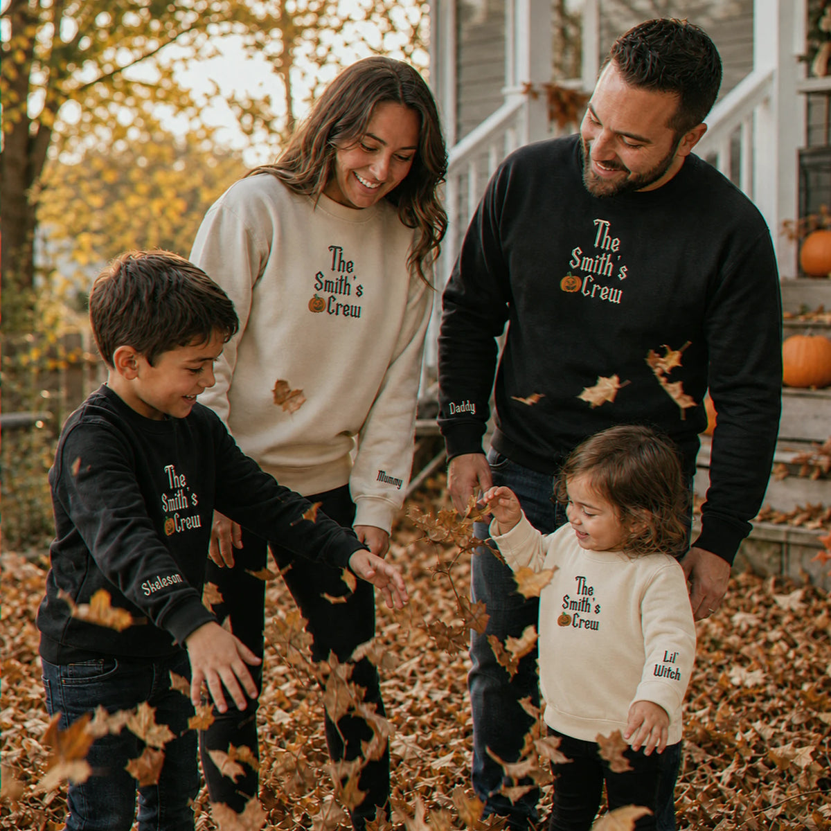 Personalized Family Halloween Matching Sweatshirt - Embroidered Pumpkin Name Crew Outfit, Fall Photo Sweaters