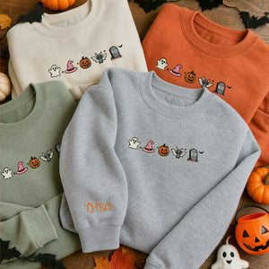 Personalized Kids Halloween Sweatshirt for School Party - Embroidered Festive Icons with Name Sleeve Pullover