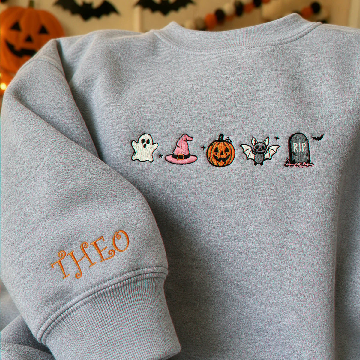 Personalized Kids Halloween Sweatshirt for School Party - Embroidered Festive Icons with Name Sleeve Pullover