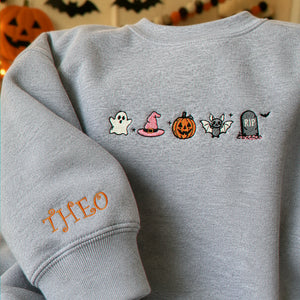 Personalized Kids Halloween Sweatshirt for School Party - Embroidered Festive Icons with Name Sleeve Pullover