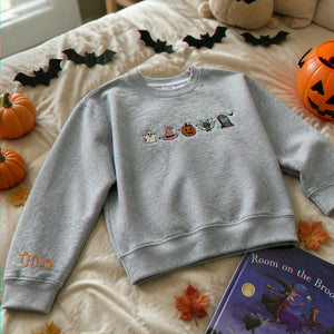 Personalized Kids Halloween Sweatshirt for School Party - Embroidered Festive Icons with Name Sleeve Pullover