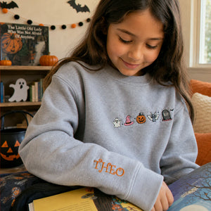 Personalized Kids Halloween Sweatshirt for School Party - Embroidered Festive Icons with Name Sleeve Pullover