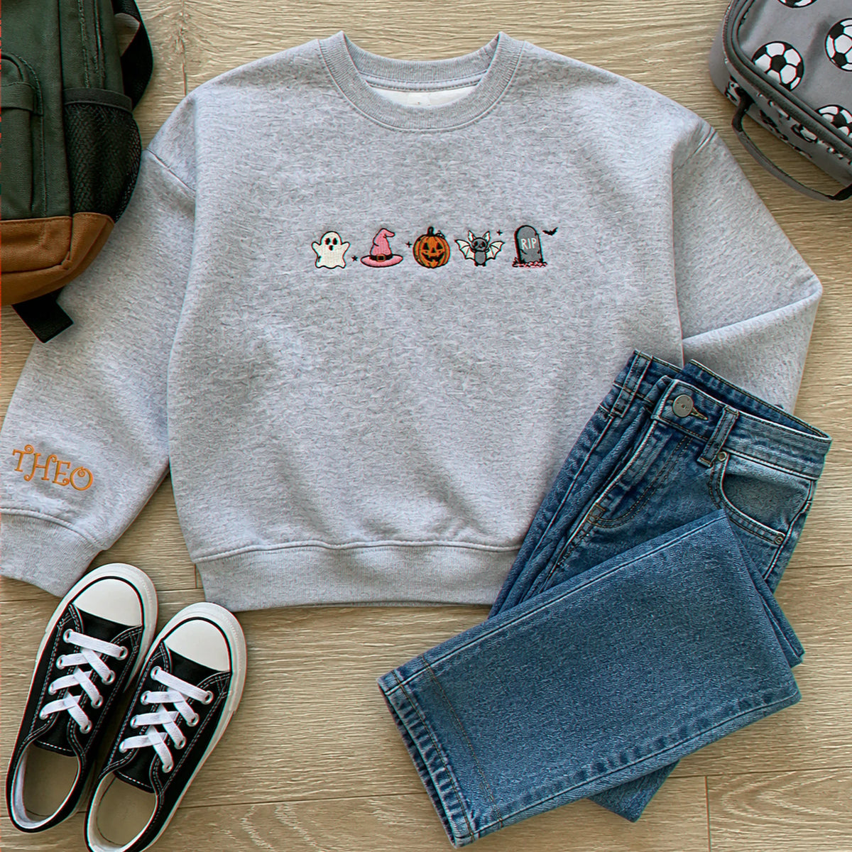 Personalized Kids Halloween Sweatshirt for School Party - Embroidered Festive Icons with Name Sleeve Pullover