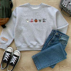 Personalized Kids Halloween Sweatshirt for School Party - Embroidered Festive Icons with Name Sleeve Pullover