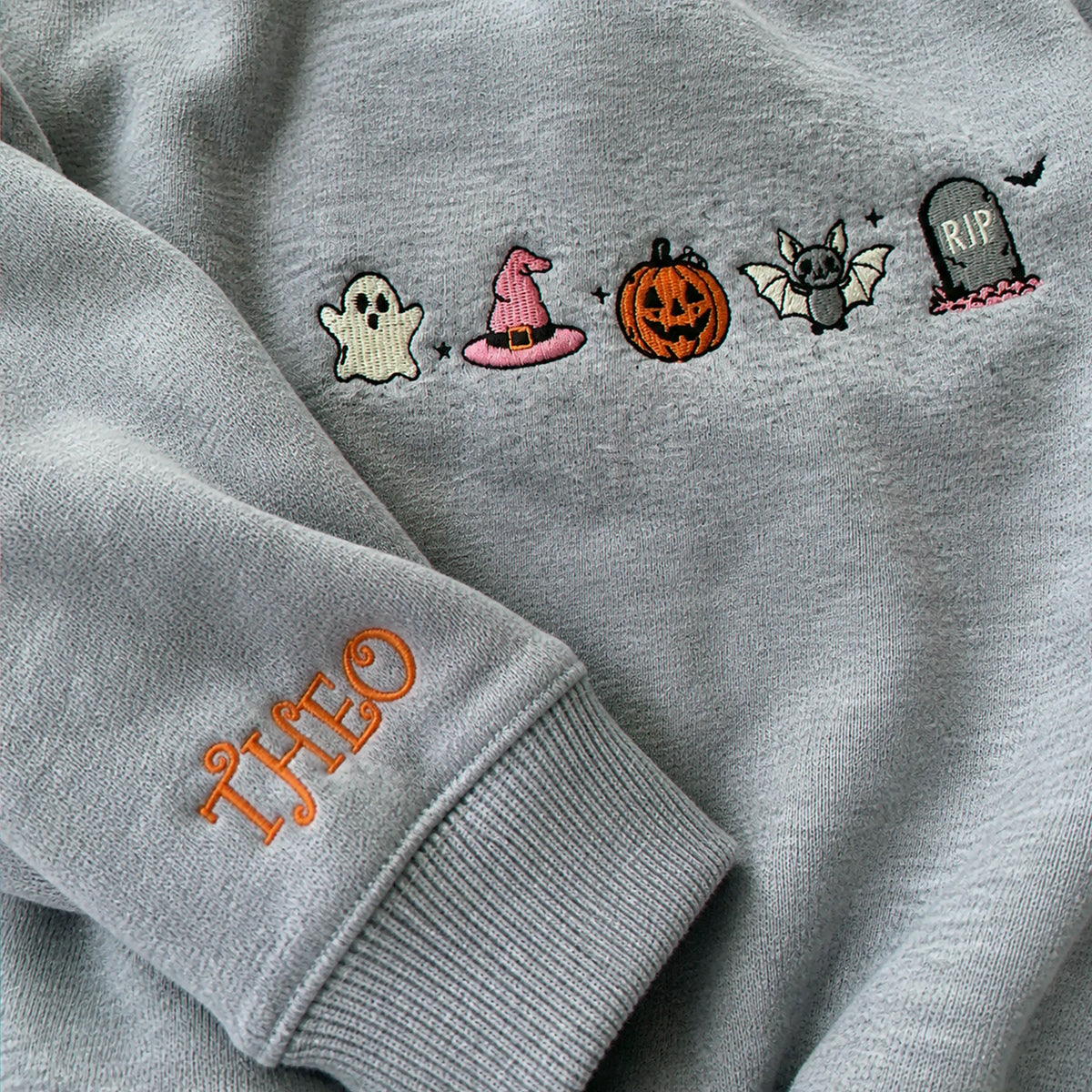 Personalized Kids Halloween Sweatshirt for School Party - Embroidered Festive Icons with Name Sleeve Pullover