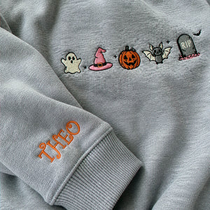 Personalized Kids Halloween Sweatshirt for School Party - Embroidered Festive Icons with Name Sleeve Pullover