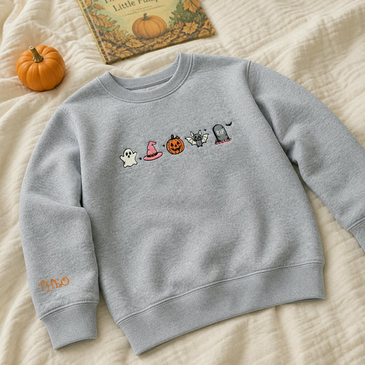 Personalized Kids Halloween Sweatshirt for School Party - Embroidered Spooky Icons with Name on Sleeve Pullover