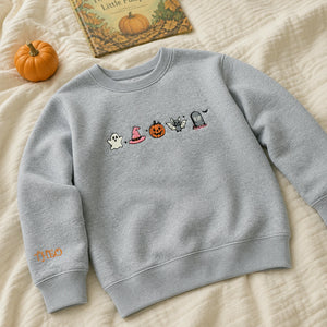 Personalized Kids Halloween Sweatshirt for School Party - Embroidered Festive Icons with Name Sleeve Pullover