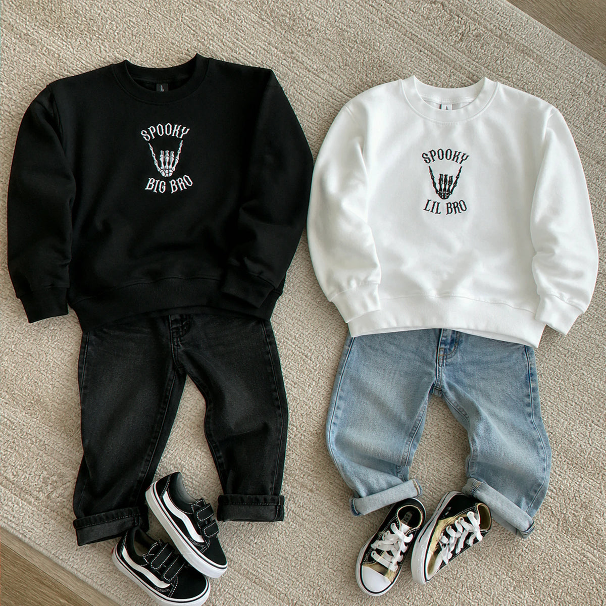 Personalized Halloween Sibling Kids Sweatshirt - Embroidered Spooky Big Bro Lil Bro Matching Sweater