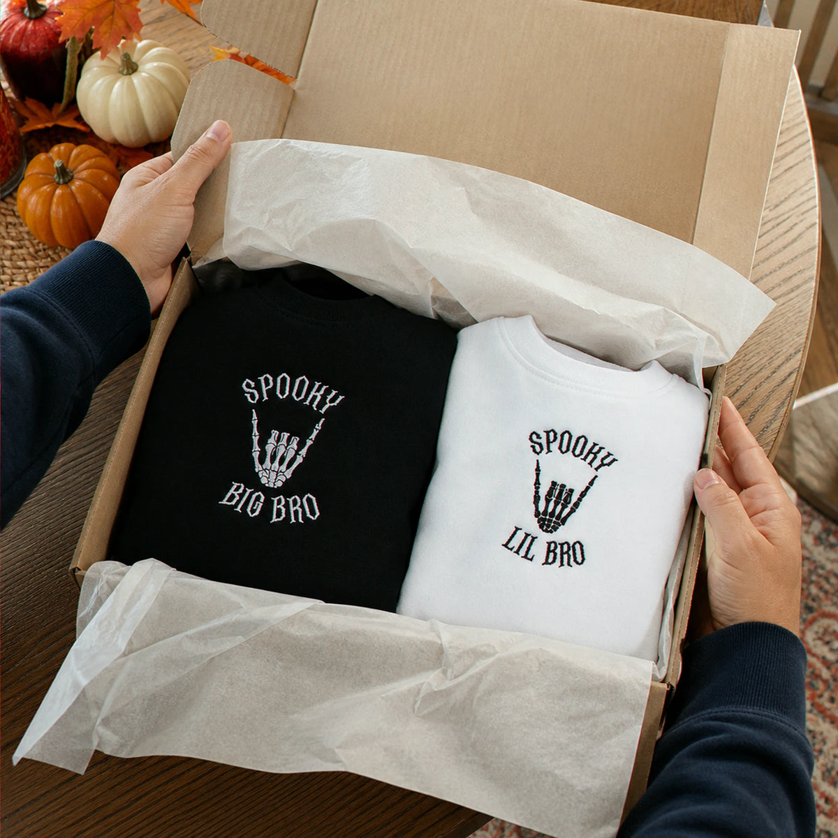 Personalized Halloween Sibling Kids Sweatshirt - Embroidered Spooky Big Bro Lil Bro Matching Sweater