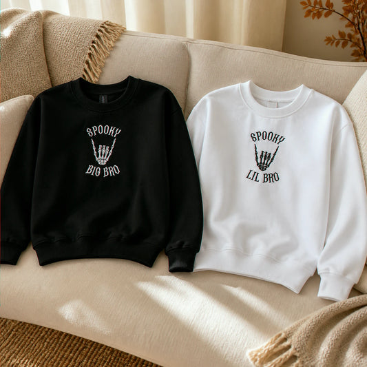 Personalized Halloween Sibling Kids Sweatshirt - Embroidered Spooky Big Bro Lil Bro Matching Sweater