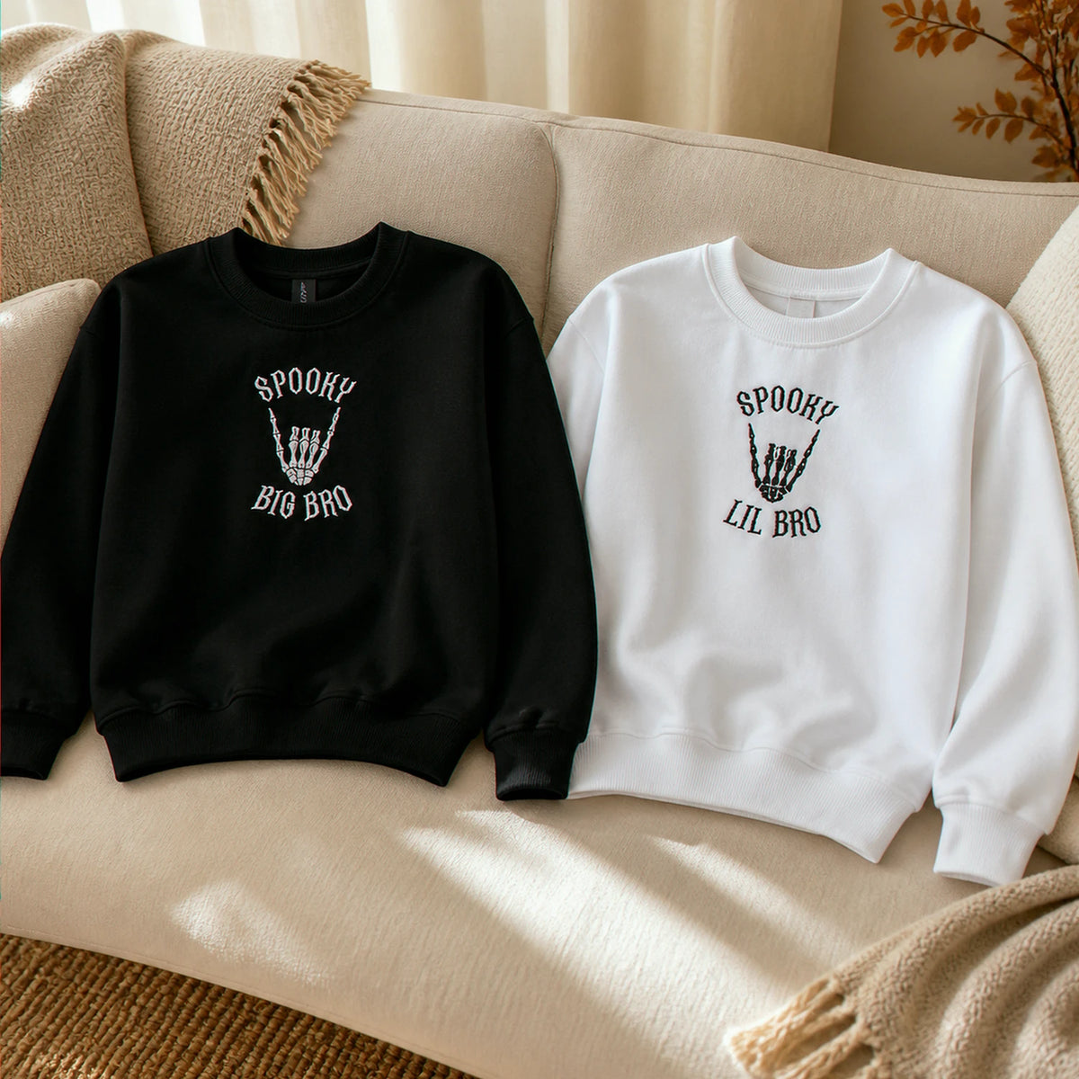 Personalized Halloween Sibling Kids Sweatshirt - Embroidered Spooky Big Bro Lil Bro Matching Sweater