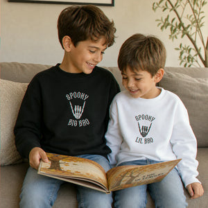 Personalized Halloween Sibling Kids Sweatshirt - Embroidered Spooky Big Bro Lil Bro Matching Sweater