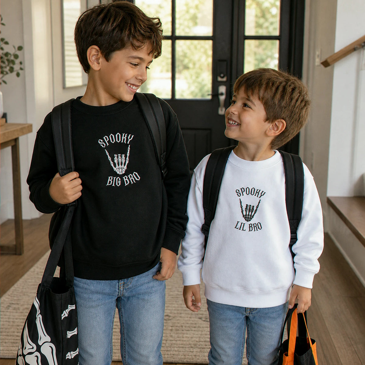 Personalized Halloween Sibling Kids Sweatshirt - Embroidered Spooky Big Bro Lil Bro Matching Sweater