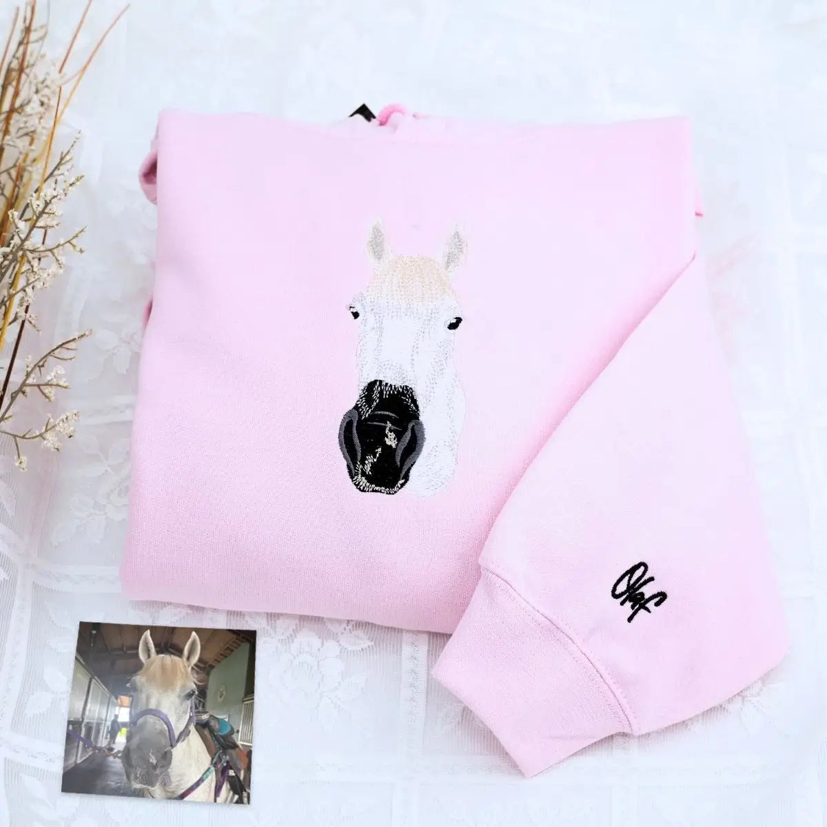 Custom hoodie featuring woman and her horse based on real photo – perfect personalized gift for equestrian women.