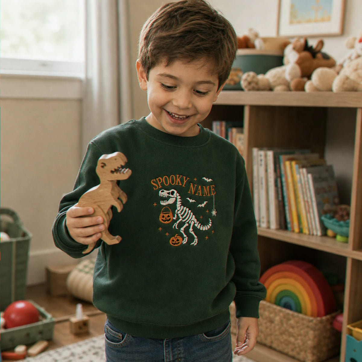 Personalized Halloween Sweatshirt for Kids - Embroidered Name with Spooky Dinosaur Crewneck - Fall Season Gift