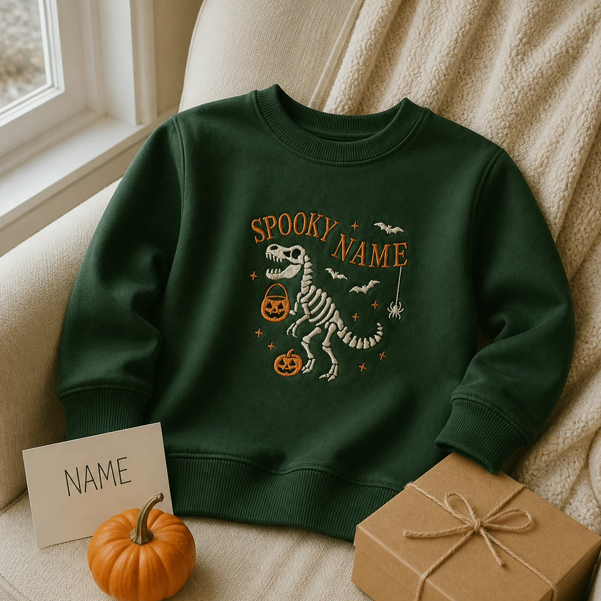 Personalized Halloween Sweatshirt for Kids - Embroidered Name with Spooky Dinosaur Crewneck - Fall Season Gift