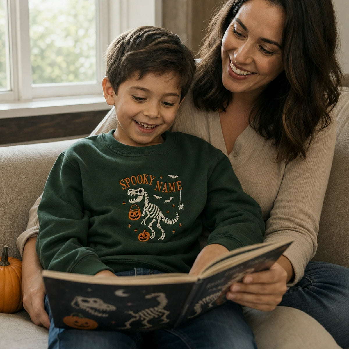 Personalized Halloween Sweatshirt for Kids - Embroidered Name with Spooky Dinosaur Crewneck - Fall Season Gift