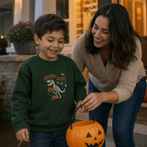 Personalized Halloween Sweatshirt for Kids - Embroidered Name with Spooky Dinosaur Crewneck - Fall Season Gift