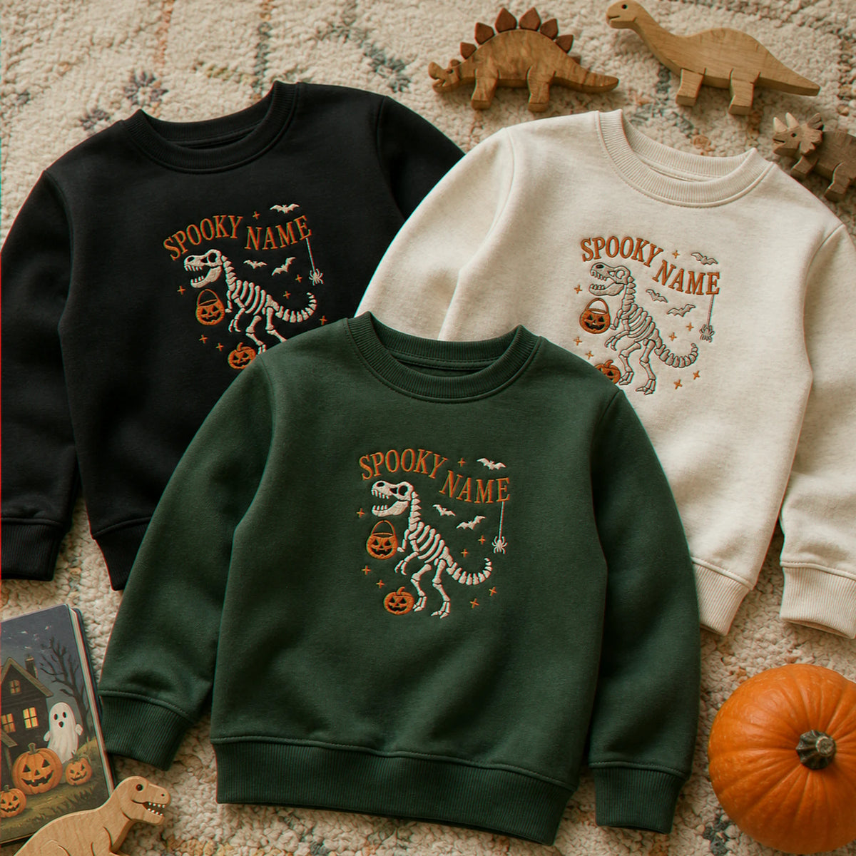 Personalized Halloween Sweatshirt for Kids - Embroidered Name with Spooky Dinosaur Crewneck - Fall Season Gift