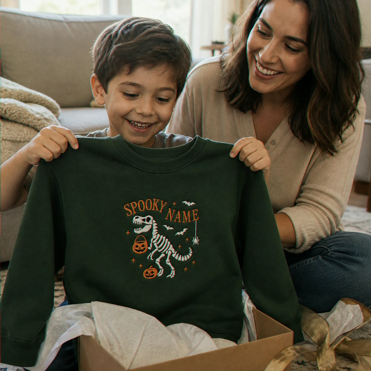 Personalized Halloween Sweatshirt for Kids - Embroidered Name with Spooky Dinosaur Crewneck - Fall Season Gift