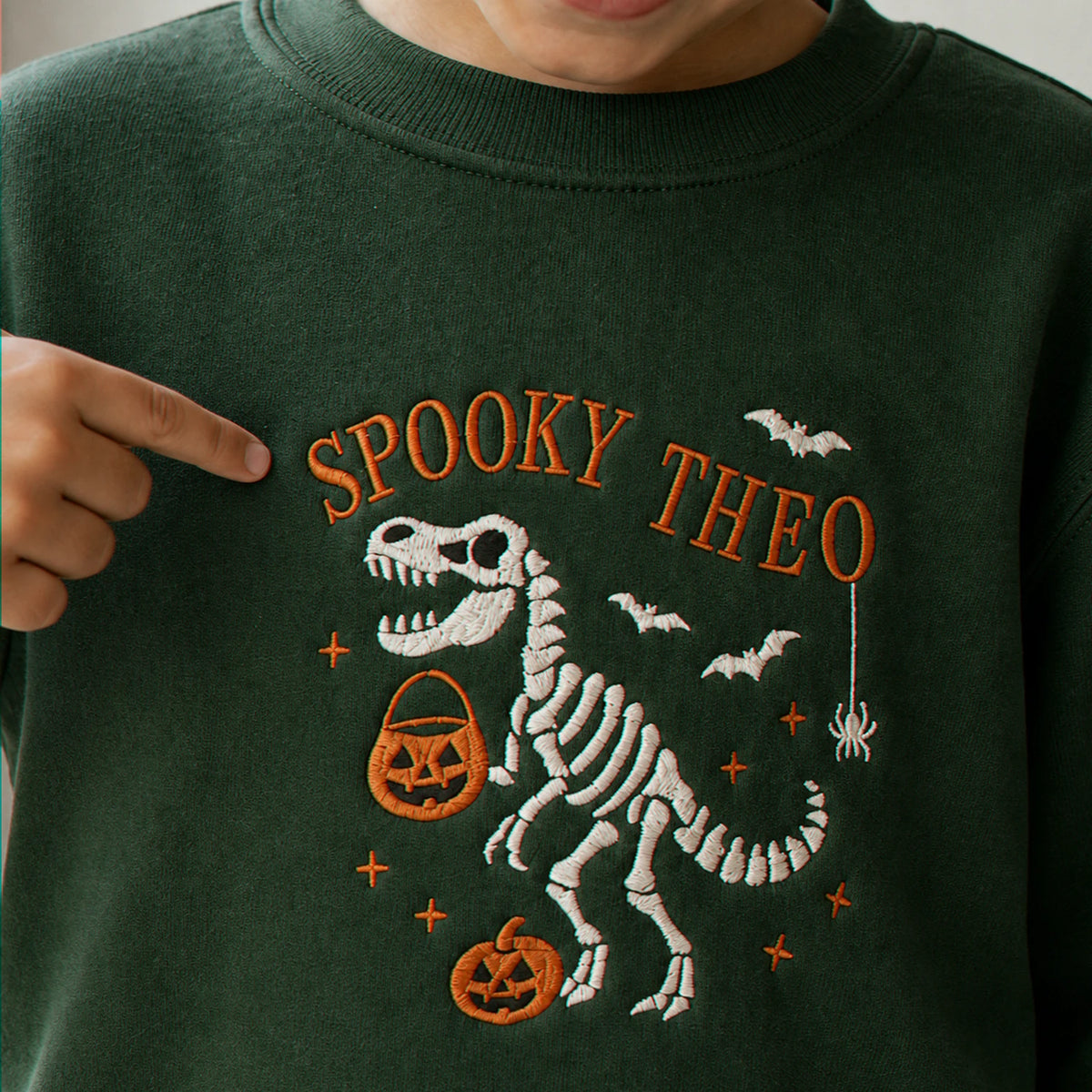Personalized Halloween Sweatshirt for Kids - Embroidered Name with Spooky Dinosaur Crewneck - Fall Season Gift