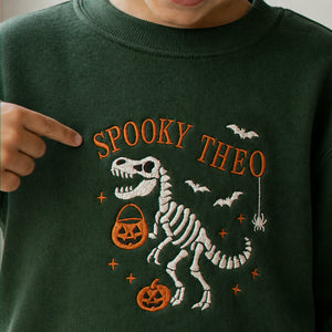 Personalized Halloween Sweatshirt for Kids - Embroidered Name with Spooky Dinosaur Crewneck - Fall Season Gift
