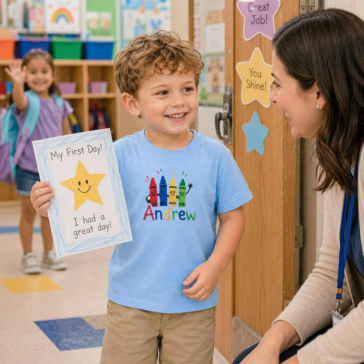 Personalized Kindergarten T-shirt for Back to School - Embroidered Kids Name Tee with Colorful Crayons