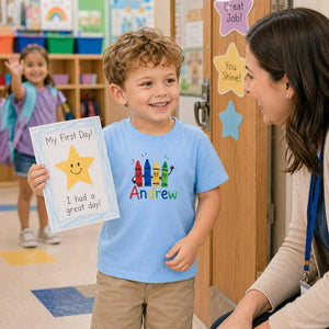 Personalized Kindergarten T-shirt for Back to School - Embroidered Kids Name Tee with Colorful Crayons