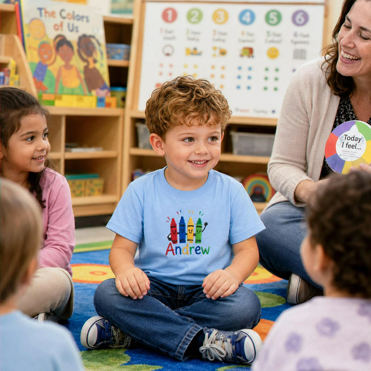 Personalized Kindergarten T-shirt for Back to School - Embroidered Kids Name Tee with Colorful Crayons