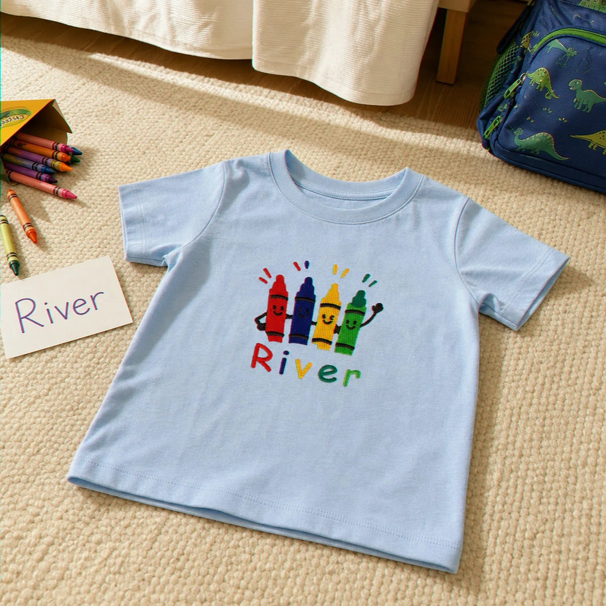 Personalized Kindergarten T-shirt for Back to School - Embroidered Kids Name Tee with Colorful Crayons