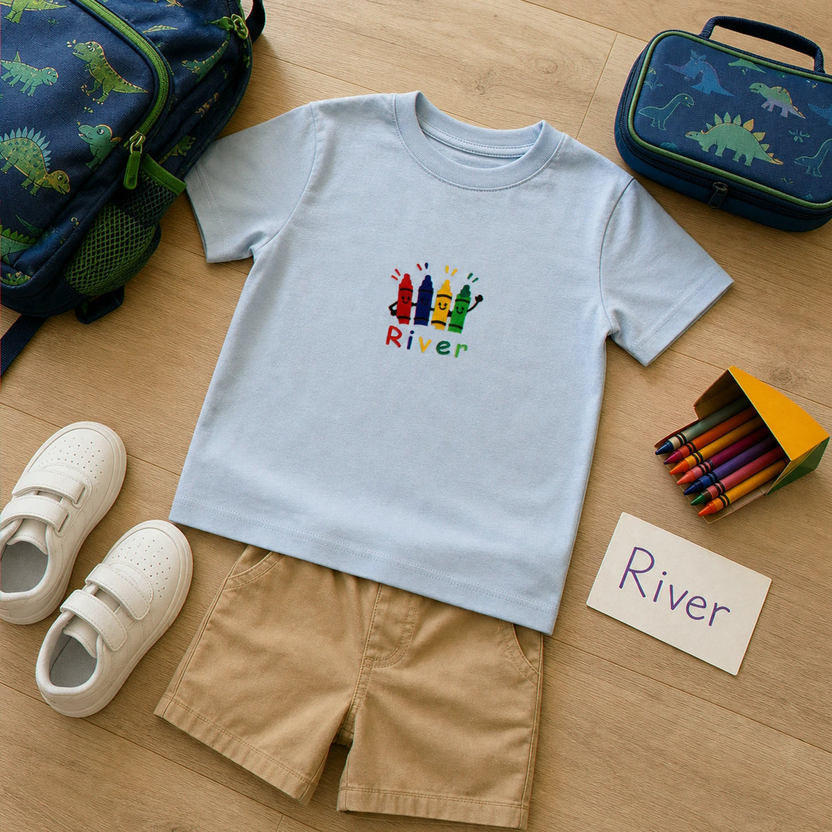 Personalized Kindergarten T-shirt for Back to School - Embroidered Kids Name Tee with Colorful Crayons